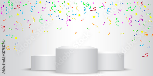 Three podium confetti on light background. First place trophy. Winner award. 3d sign. Stock image. Vector illustration. EPS 10.
