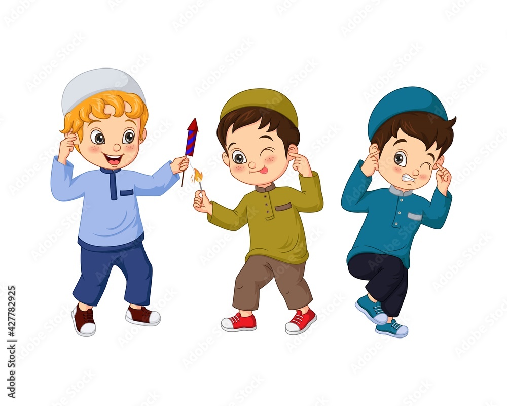Cartoon muslim kid playing firework Cartoon muslim kid playing firework