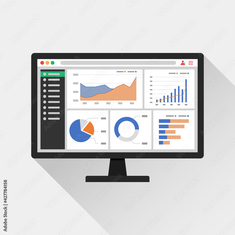 Web analytic information on Computer screen icon. trend graphs report concept. statistic charts for planning and accounting, analysis, audit, management, marketing, research vector illustration. Web analytic information on Computer screen icon. trend graphs report concept. statistic charts for planning and accounting, analysis, audit, management, marketing, research vector illustration.