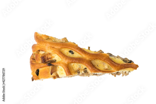 Top view of a small piece of pie isolated on a white background.