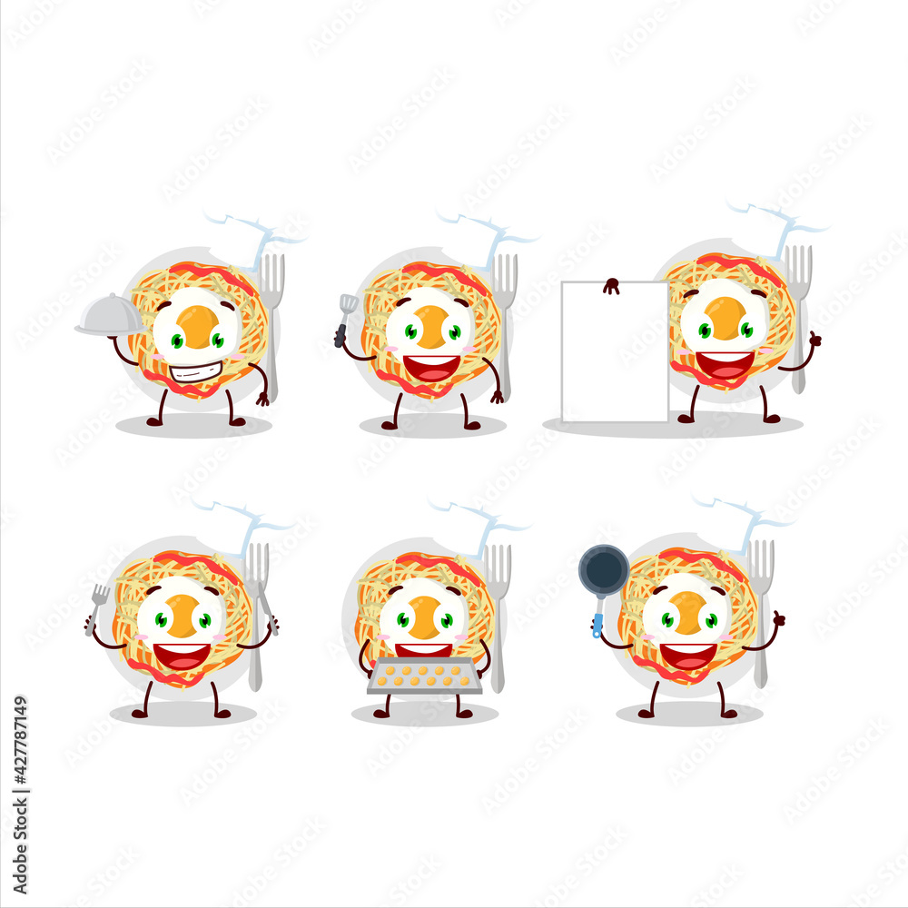 Cartoon character of noodles with various chef emoticons Cartoon character of noodles with various chef emoticons