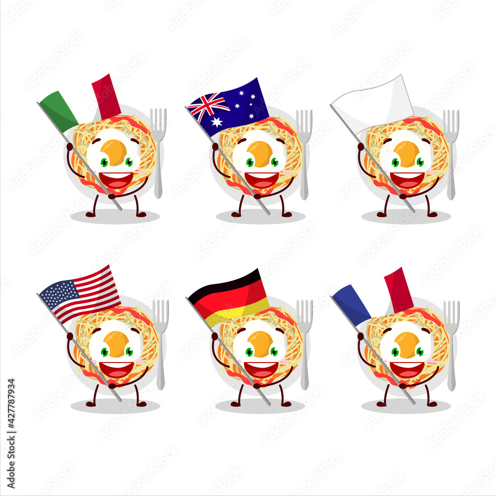 Noodles cartoon character bring the flags of various countries Noodles cartoon character bring the flags of various countries