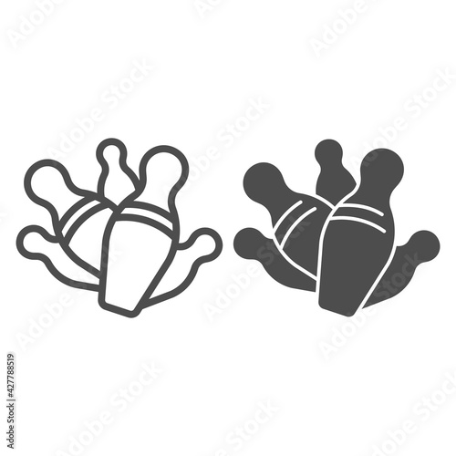 Skittles line and solid icon, bowling concept, Bowling game sign on white background, Bowling pins icon in outline style for mobile concept and web design. Vector graphics.