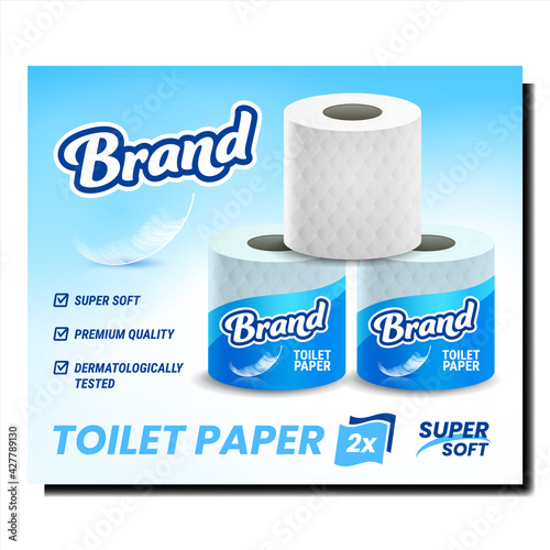 Toilet Paper Creative Promotional Banner Vector. Toilet Paper Blank Rolls Stack And Bird Feather On Advertising Poster. Tissue Hygiene Clean Product Style Concept Template Illustration
