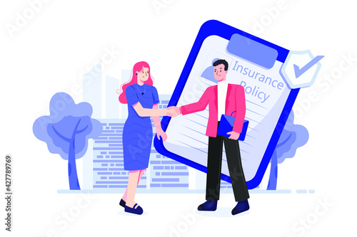 Insurance Policy Concept. The beautiful woman shaking hand with a businessman in front of insurance policy