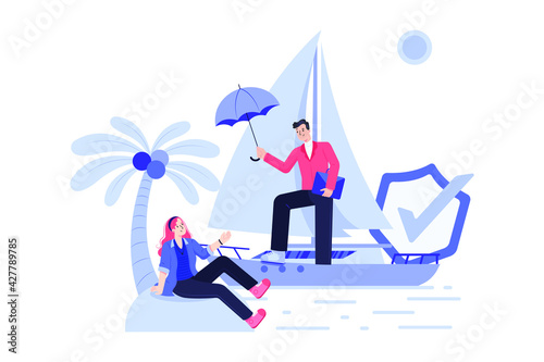 Travel Insurance Concept. The businessman on the boat is giving the red umbrella to the tourist