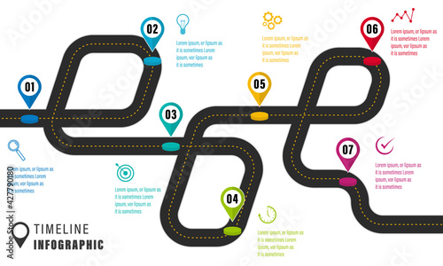 Project Timeline Infographics with 7 options, 7 years recap, timeframe, milestones and achievements	