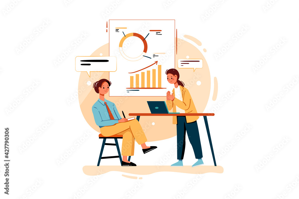 Employees Working On Marketing Strategy Illustration concept. Flat illustration isolated on white background.