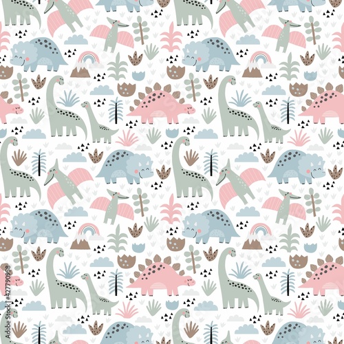 Cute dino Mom and Baby. Cartoon illustration dinosaur family. Vector seamless pattern with cute dino in scandinavian style
