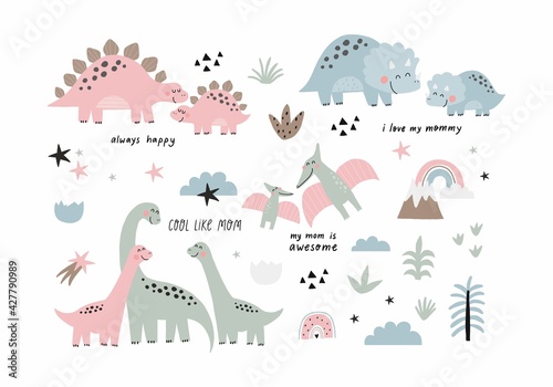 Cute doodle dino. Cartoon illustration dinosaur family. Vector print with cute dino in scandinavian style