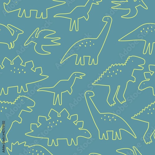 Cute doodle dino. Cartoon illustration dinosaur family. Vector abstract seamless pattern with cute dino in flat style on cage background