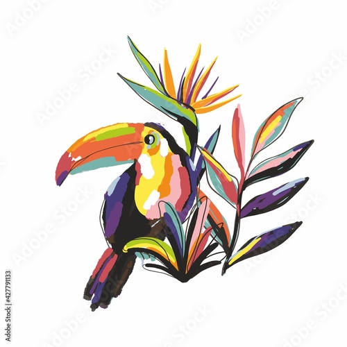 Hand drawn art print with Exotic tropical toucan and tiger
