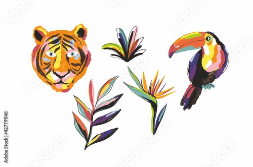 Hand drawn art print with Exotic tropical toucan and tiger