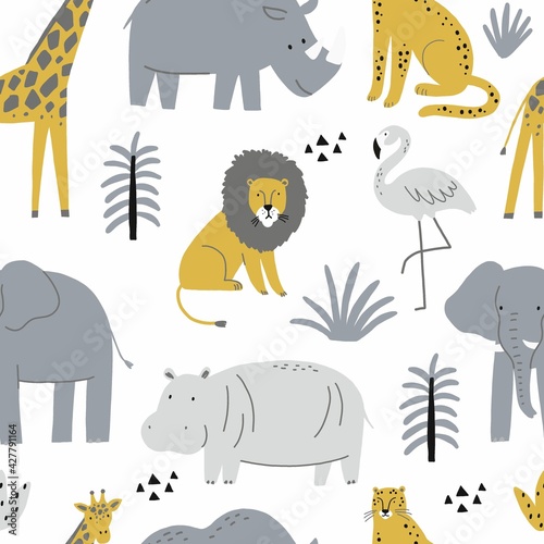 Cute wild safari African animals - Vector illustration. Seamless pattern with Elephant, hippo, giraffe, lion, flamingo. Cartoon doodle characters in scandinavian style for ch