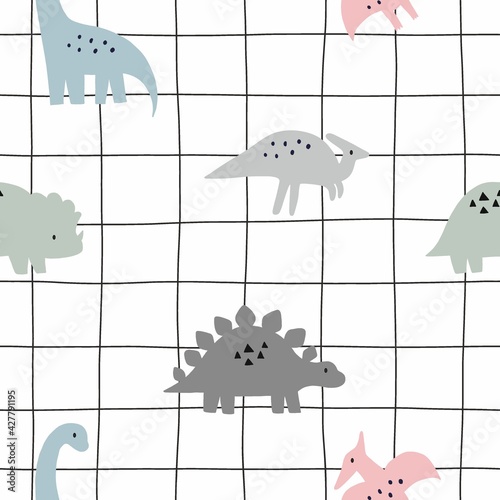 Cute doodle dino. Cartoon illustration dinosaur family. Vector abstract seamless pattern with cute dino in flat style on cage background