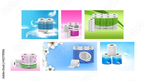 Towels And Toilet Paper Promo Posters Set Vector. Hygienic Soft Paper Accessories Blank Packages, Bird Feather And Blossom Flowers Collection Advertise Banners. Style Concept Layout Illustrations