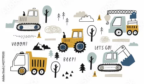 Obraz Hand drawn cute cars - Truck, tractor, cargo crane, bulldozer, excavator. Vector set with cute cars for fabric, textile and wallpaper design. Vector cars in scandinavian style