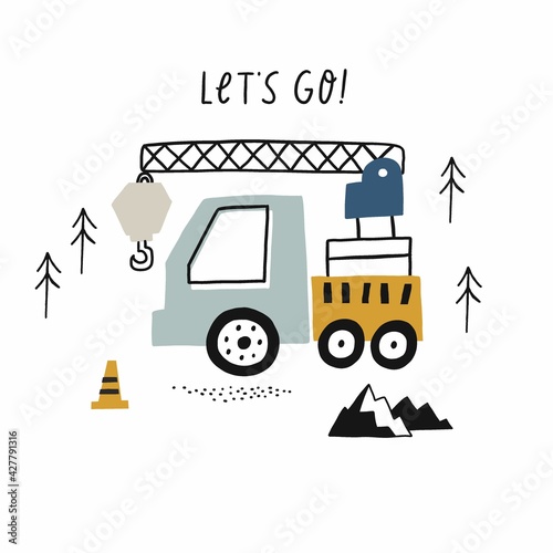 Hand drawn cute cars - Truck, tractor, cargo crane, bulldozer, excavator. Vector set with cute cars for fabric, textile and wallpaper design. Vector cars in scandinavian style