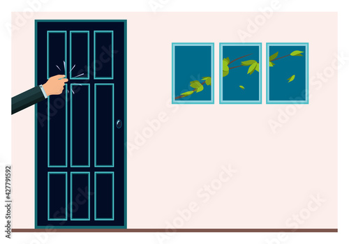 A knock on the door. The man's hand is knocking on the door. Please allow me to enter the room. Office space. An assertive, persistent businessman, client, manager, guest or salesperson. Vector