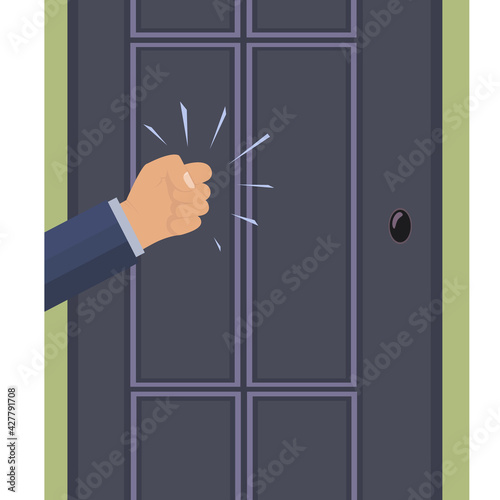 A knock on the door. The man's hand is knocking on the door. Please allow me to enter the room. Office space. An assertive, persistent businessman, client, manager, guest or salesperson. Vector