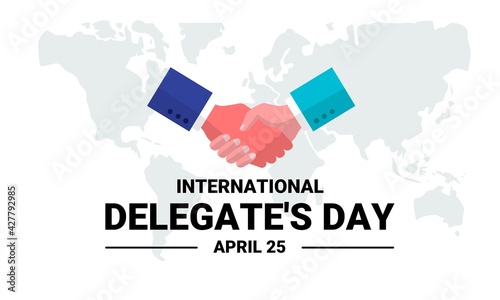 vector illustration of hands shaking hands against world map background, as a banner, poster or template for international delegation day.