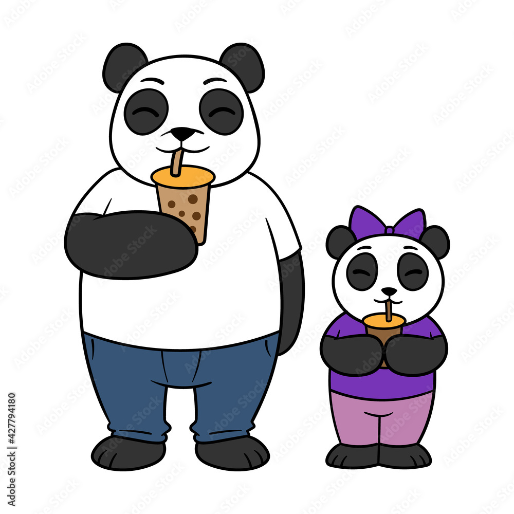 Cartoon Papa Panda and Daughter Drinking Bubble Tea Illustration Векторный  объект Stock | Adobe Stock