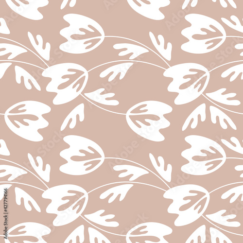 Seamless floral pattern based on traditional folk art ornaments. Modern flowers on color background. Scandinavian style. Sweden nordic style. Vector illustration. Simple minimalistic pattern