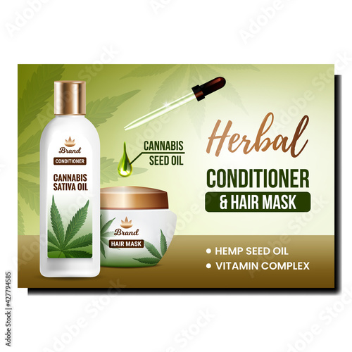 Herbal Conditioner Creative Promo Poster Vector. Herbal Conditioner And Hair Mask Blank Bottle And Container, Essential Drop Dropping From Pipette Advertise Banner. Style Concept Template Illustration