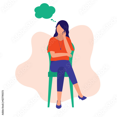 Woman Thinking With Hand On Chin. Contemplation Concept. Vector Illustration Flat Cartoon. Woman Sitting On Chair And Looking Up.