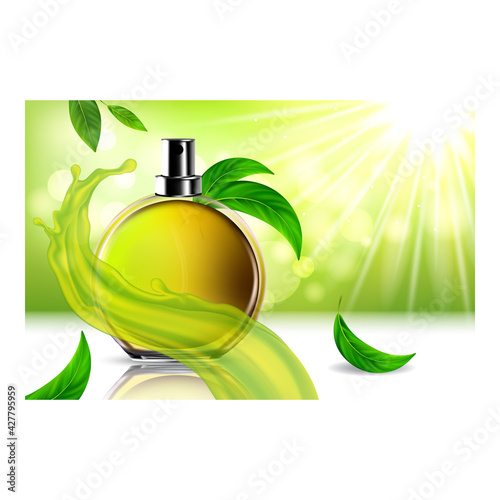 Perfume Aroma Creative Promotional Poster Vector. Green Tea Herbal Perfume Blank Bottle Spray, Aromatic Liquid Splash And Plant Leaves On Advertising Banner. Style Concept Template Illustration