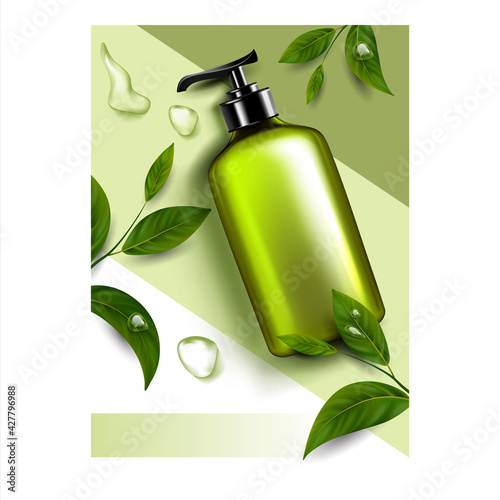 Herbal Care Cosmetic Promotional Poster Vector. Herbal Care Lotion Blank Bottle With Pump, Shampoo Liquid And Green Leaves Branches On Advertising Banner. Style Concept Template Illustration