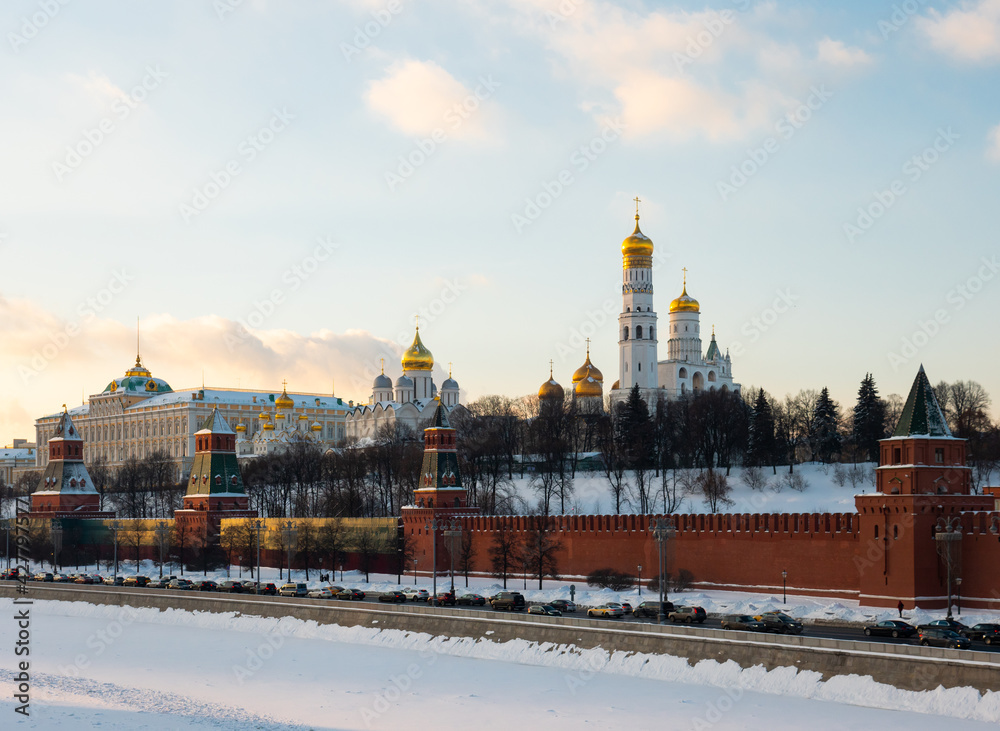 View of Moskow Kremlin and Kremlevskaya naberezhnaya on a sunny winter day, Russia