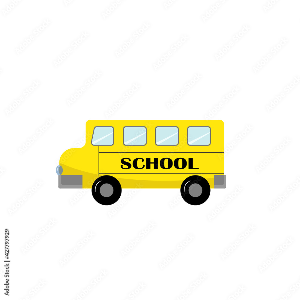 Yellow school bus childrens toy illustration. Vector illustration on white isolated background. Drawing for use in prints, patterns,kids products, games, cards and invitations, logos, brochures.