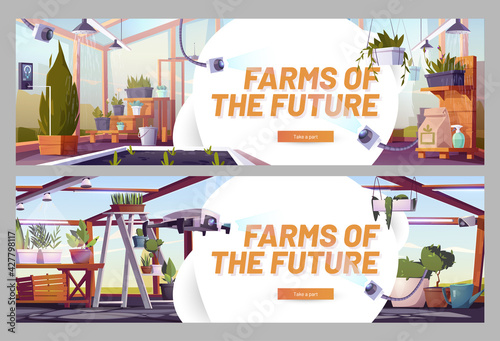 Farms of the future cartoon web banners, smart greenhouse, futuristic farming technology. Digital devices for automatically controlled plants grow, agricultural automation, hydroponics vector concept