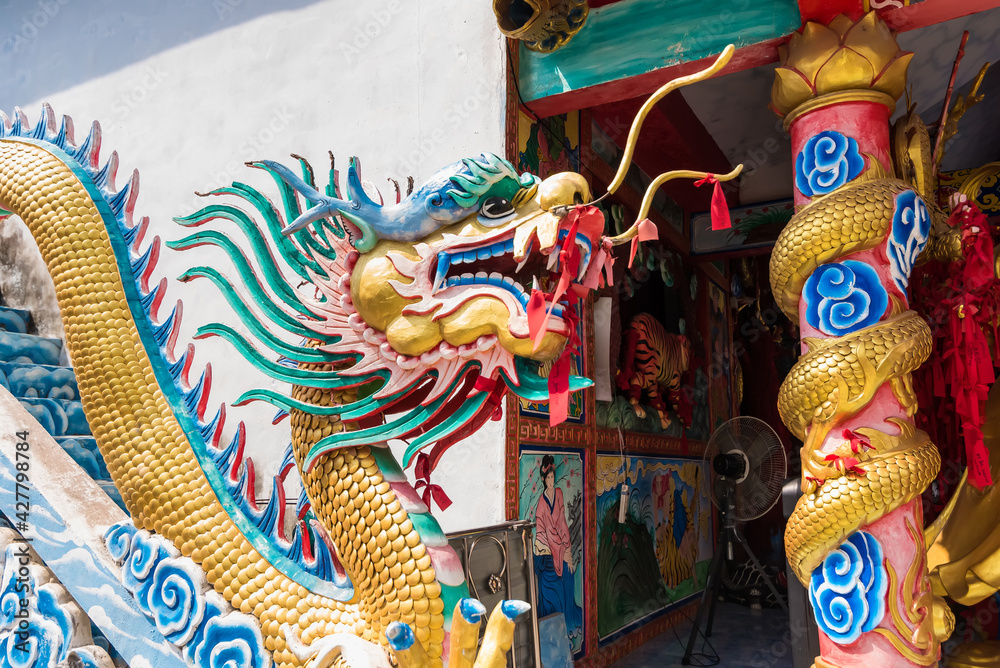 Chinese dragon sculptures in Thai temple.Symbol of prosperity, greatness
