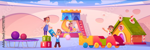 Children on playground in kindergarten. Vector cartoon interior with slide, house, balls and trampoline. Boy ride on car and girl plays with cubes in montessori preschool
