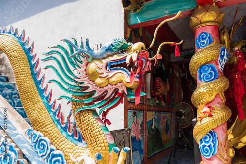 Chinese dragon sculptures in Thai temple.Symbol of prosperity, greatness