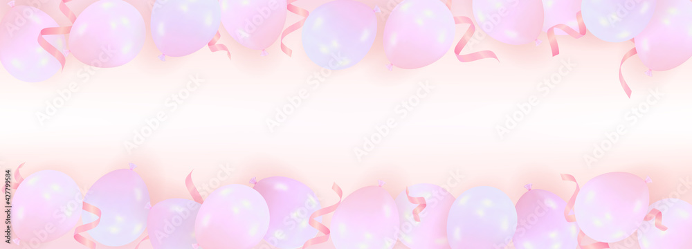 Abstract background with realistic air balloons and pink shining tinsel. Romantic composition from balls with space for text. Template for event, birthday, wedding greeting card, poster, banner