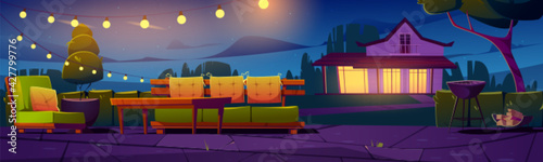 Patio, village cottage house courtyard at night, outdoor area with wooden coffee table and comfortable soft armchair and bench. Peaceful place for evening rest or barbecue cartoon vector illustration.