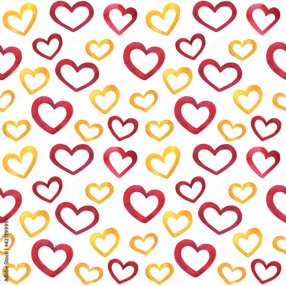 Hand drawn seamless pattern romantic red and golden hearts on white background. Watercolor hearts texture for St Valentine, love, wedding invitations, print, cards, textile, wrapping paper.