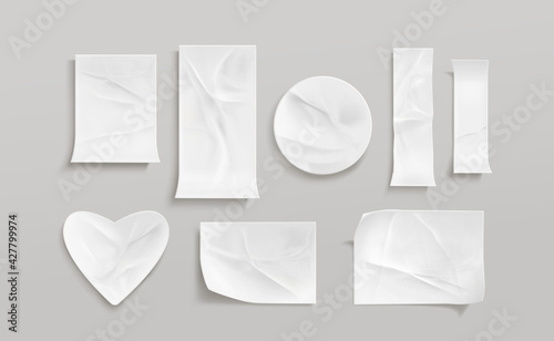 White glued stickers or crumpled paper patches mockup. Blank shrunken labels of different shapes round, square, heart, stripe and rectangle wrinkled emblems with curve edges, Realistic 3d vector set