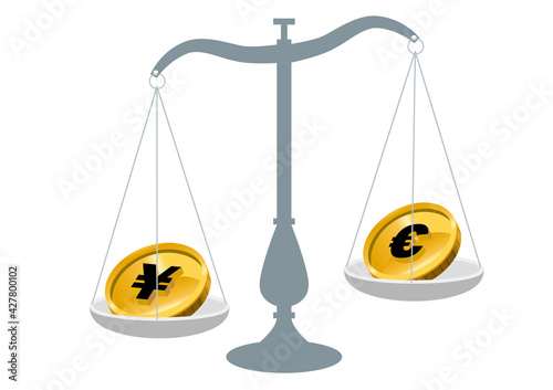 円高ユーロ安　日本円とユーロお金を比べる天秤ばかりのイラスト　外国為替　外貨投資外貨預金のイメージイラスト