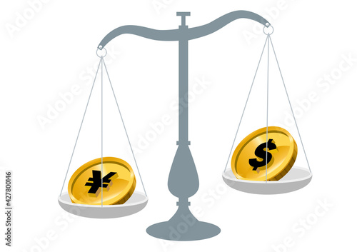 円高ドル安　日本円とドルお金を比べる天秤ばかりのイラスト　外国為替　外貨投資外貨預金のイメージイラスト