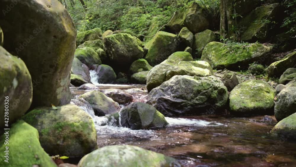 Focus on the running water passing by the rocks. Focus on the running water passing by the rocks.