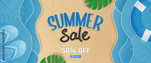 Summer sale vector banner with paper cut beach and tropical elements in blue background, top view beach elements
with voucher discount vector illustration