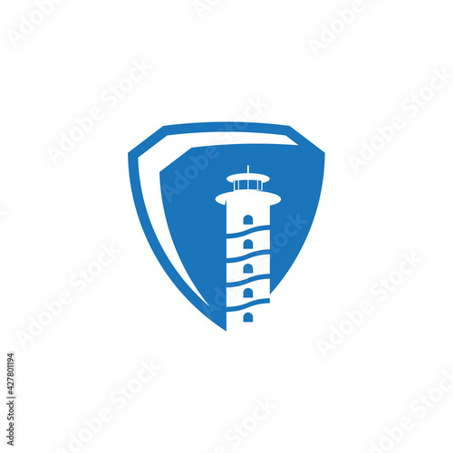 Shield Mercusuar logo design vector illustration, Creative Mercusuar logo design concept template, symbols icons