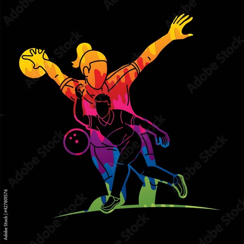 Bowling Sport Players Men and Women Pose Cartoon Graphic Vector