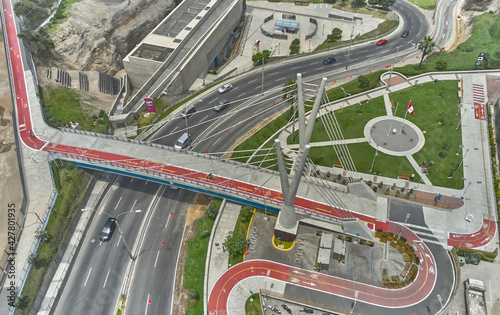 Aerial view of the La Amistad Bridge that connects Miraflores and San Isidro in the city of Lima, Sports and culture area photo