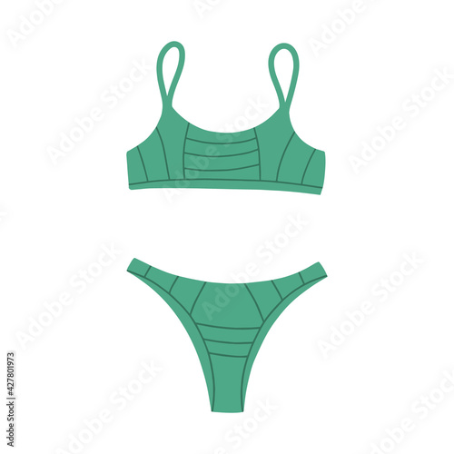 Female sports swimsuit-two-piece. Modern fashion stylish swimsuit. Vector Flat Cartoon Illustration. Bathing clothes for swimming in the pool, in the sea