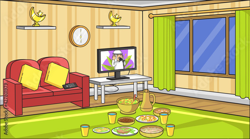 Background muslim religious living room with food for ramadan iftar, are ornament and sofa,television. With ramadan ornament muslim.Background illustration vector.